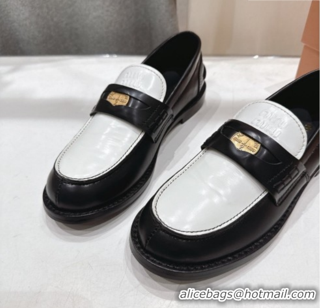 Discount Miu Miu Leather Penny Loafers 5D773D Black/White 2026