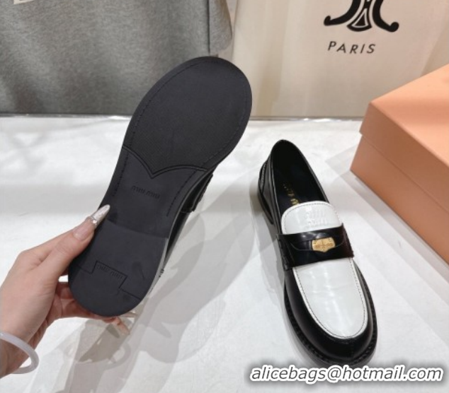Discount Miu Miu Leather Penny Loafers 5D773D Black/White 2026