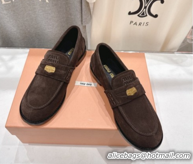 Luxury Miu Miu Suede Leather Penny Loafers 5D773D Dark Brown 2026