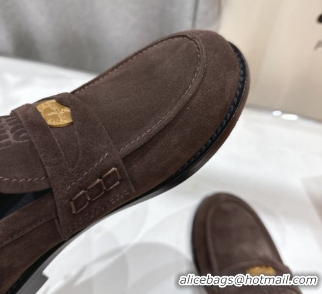Luxury Miu Miu Suede Leather Penny Loafers 5D773D Dark Brown 2026