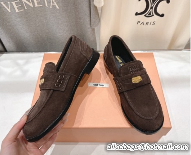 Luxury Miu Miu Suede Leather Penny Loafers 5D773D Dark Brown 2026