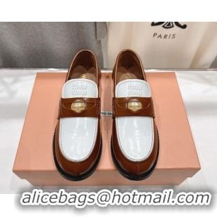 1:1 aaaaa Miu Miu Leather Penny Loafers 5D773D Brown/White 2026