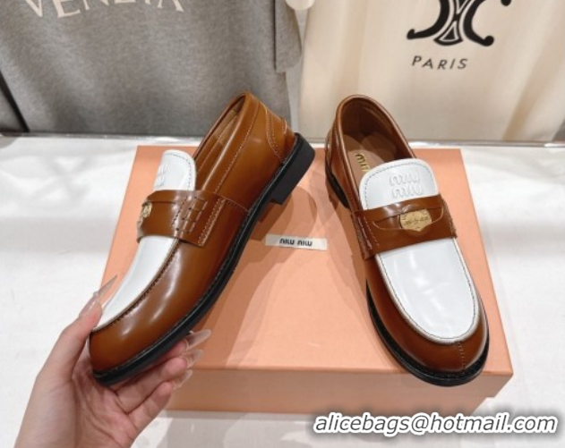 1:1 aaaaa Miu Miu Leather Penny Loafers 5D773D Brown/White 2026