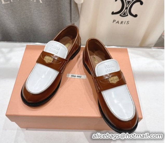 1:1 aaaaa Miu Miu Leather Penny Loafers 5D773D Brown/White 2026