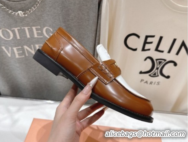 1:1 aaaaa Miu Miu Leather Penny Loafers 5D773D Brown/White 2026