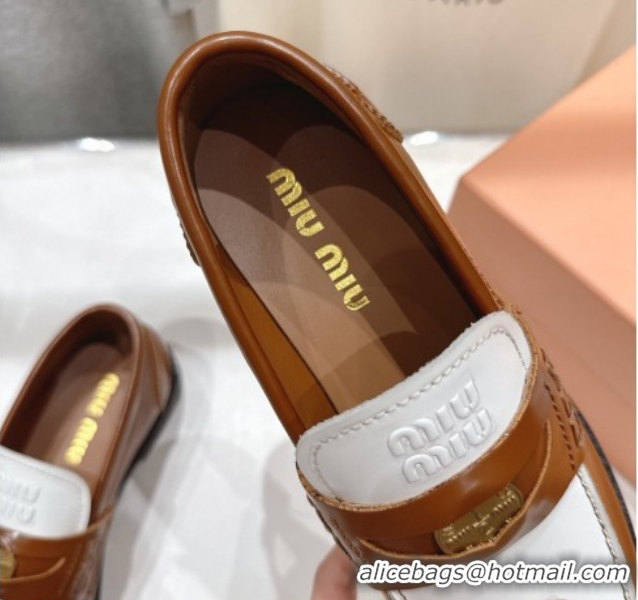 1:1 aaaaa Miu Miu Leather Penny Loafers 5D773D Brown/White 2026