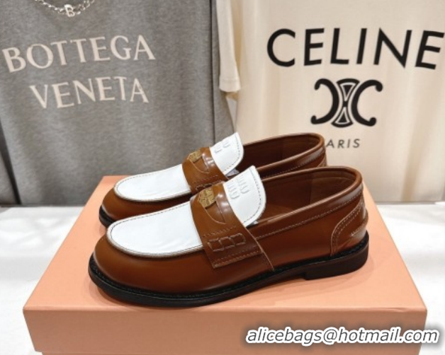 1:1 aaaaa Miu Miu Leather Penny Loafers 5D773D Brown/White 2026