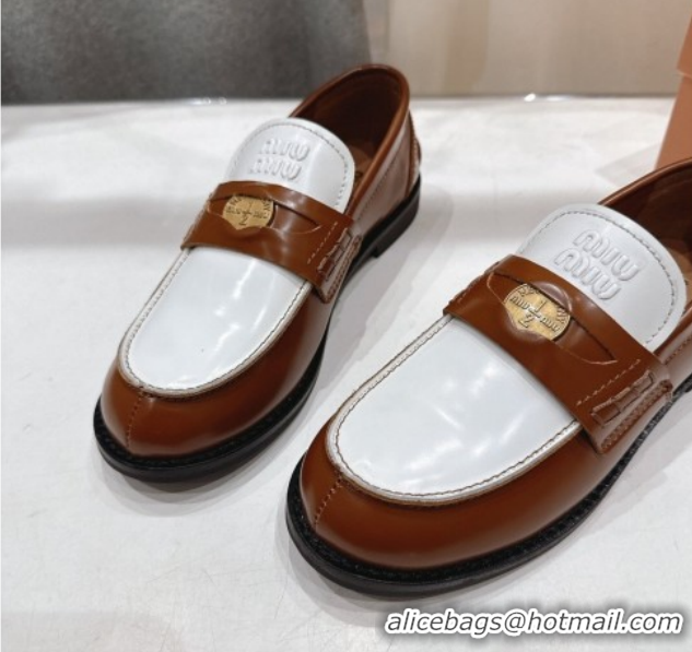 1:1 aaaaa Miu Miu Leather Penny Loafers 5D773D Brown/White 2026