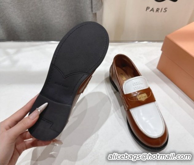 1:1 aaaaa Miu Miu Leather Penny Loafers 5D773D Brown/White 2026