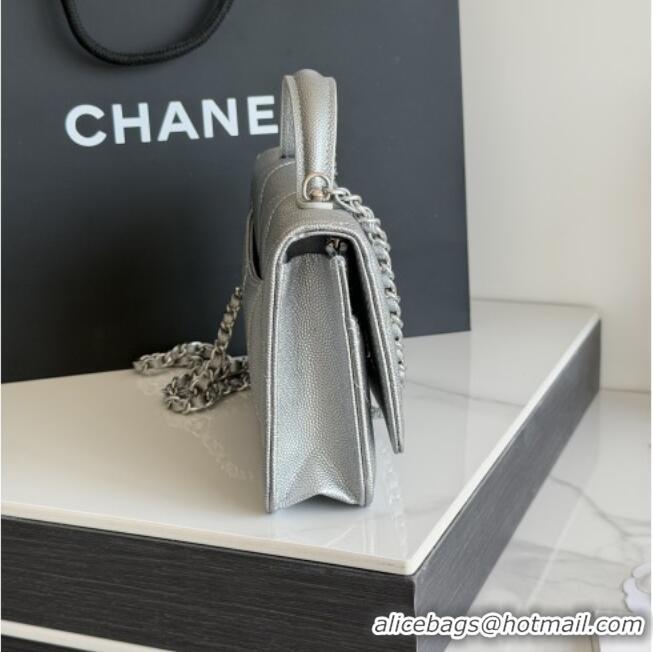 Best Product Chanel Wallet On Chain with Top Handle Grained Shiny Calfskin AP4931 Silver 2026