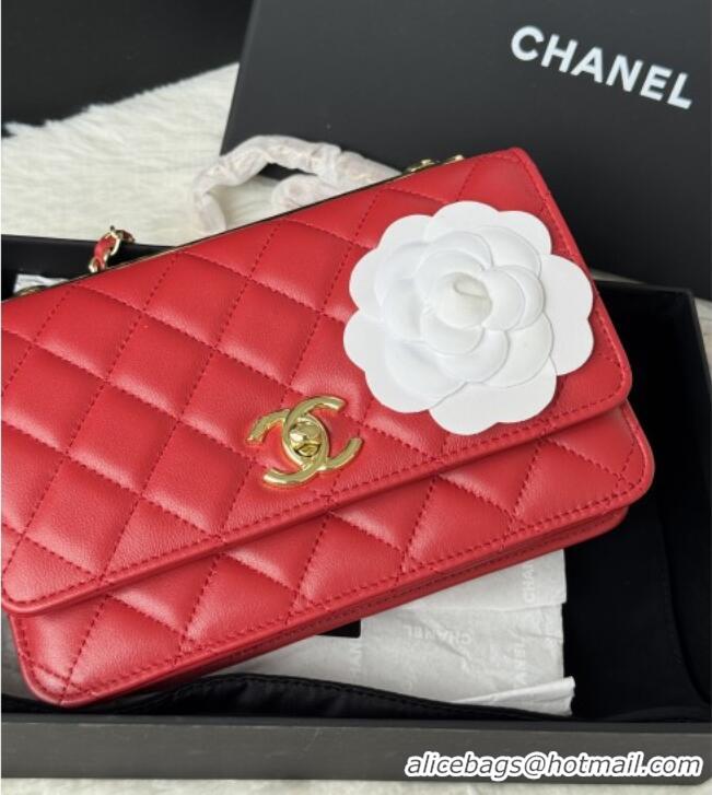 Top Quality Chanel Lambskin Wallet On Chain WOC with Top Metal Band 6841V Red 2026