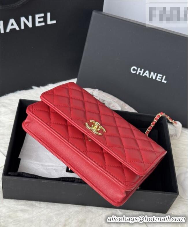 Top Quality Chanel Lambskin Wallet On Chain WOC with Top Metal Band 6841V Red 2026