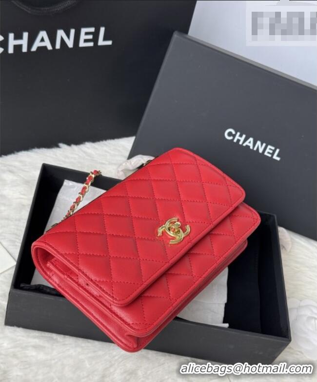 Top Quality Chanel Lambskin Wallet On Chain WOC with Top Metal Band 6841V Red 2026