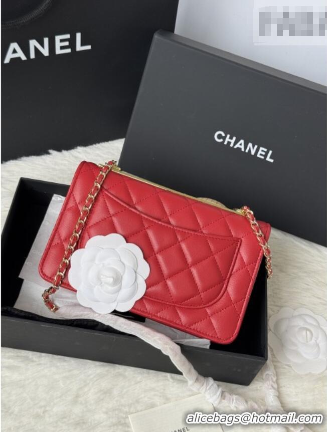 Top Quality Chanel Lambskin Wallet On Chain WOC with Top Metal Band 6841V Red 2026