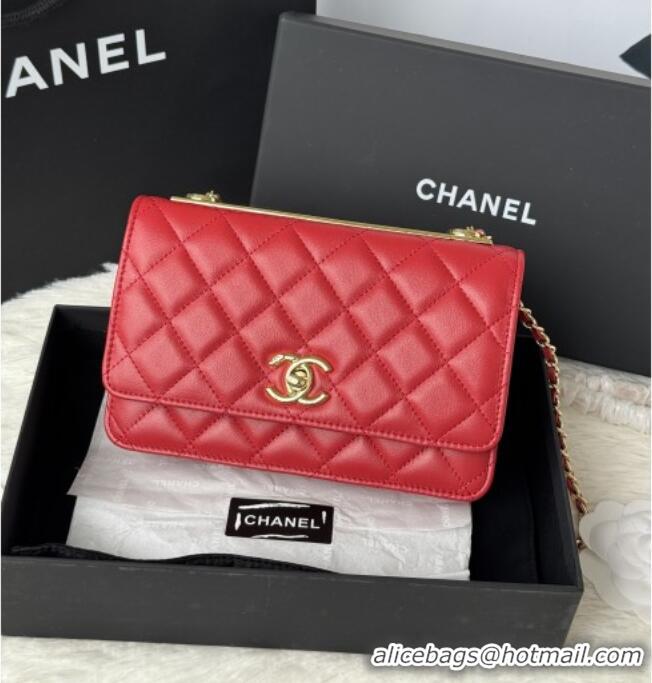 Top Quality Chanel Lambskin Wallet On Chain WOC with Top Metal Band 6841V Red 2026