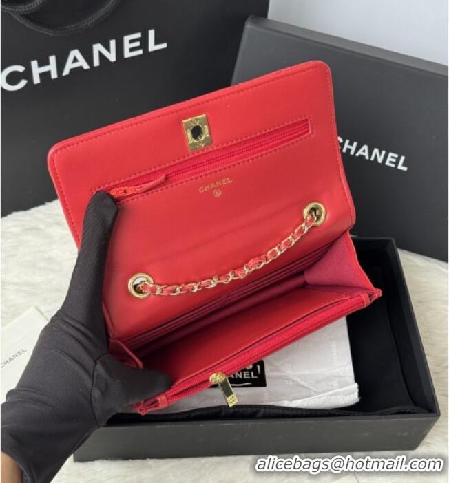 Top Quality Chanel Lambskin Wallet On Chain WOC with Top Metal Band 6841V Red 2026