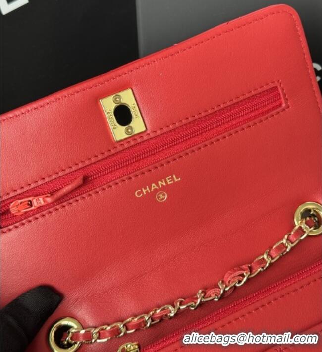 Top Quality Chanel Lambskin Wallet On Chain WOC with Top Metal Band 6841V Red 2026