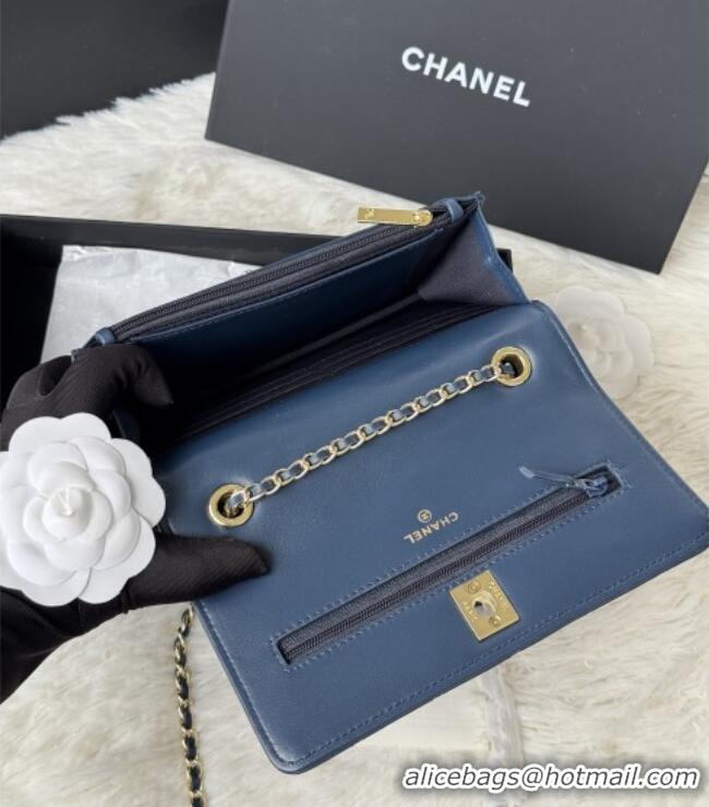 Buy New Cheap Chanel Lambskin Wallet On Chain WOC with Top Metal Band 6841V Blue 2026