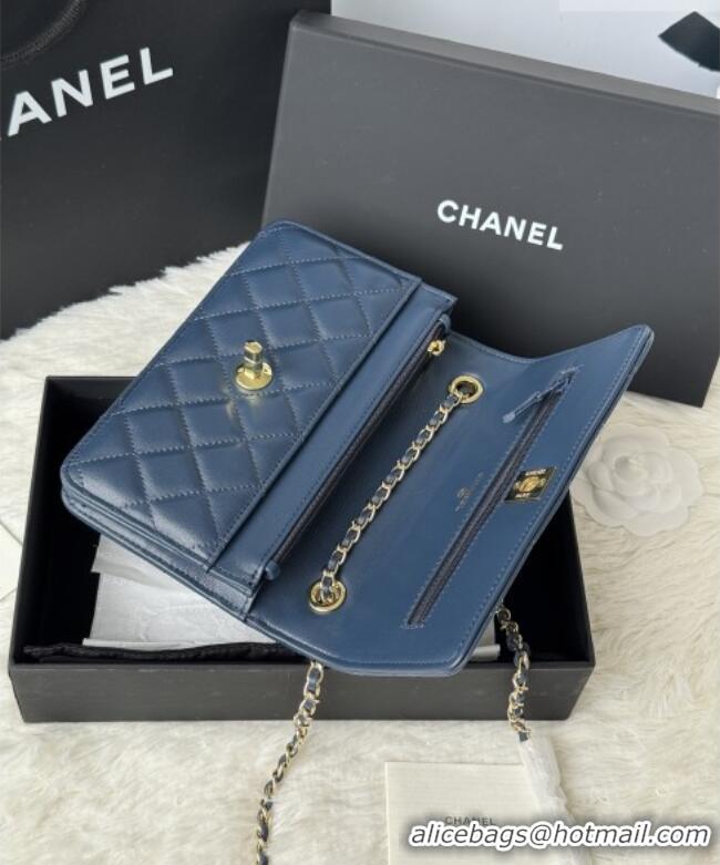 Buy New Cheap Chanel Lambskin Wallet On Chain WOC with Top Metal Band 6841V Blue 2026