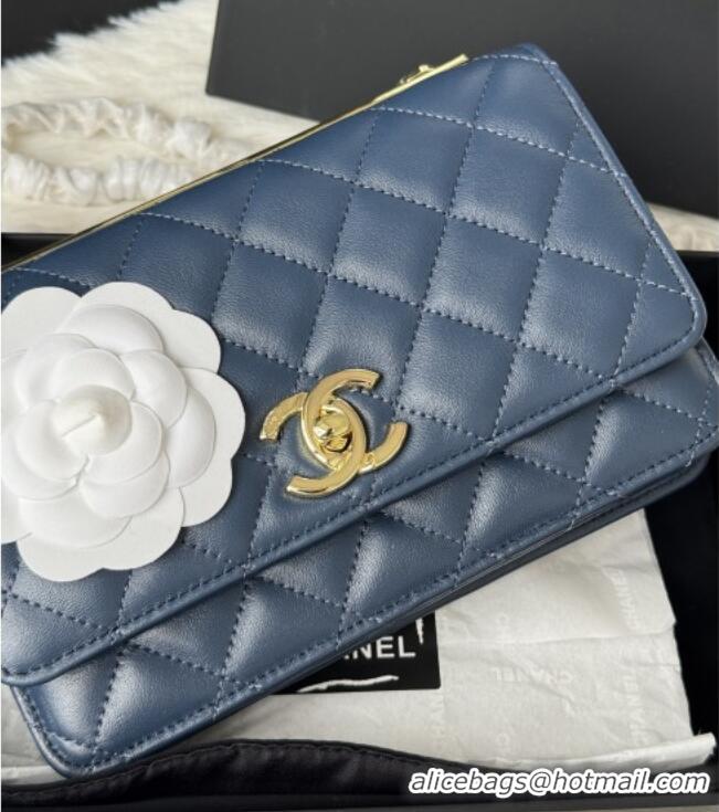 Buy New Cheap Chanel Lambskin Wallet On Chain WOC with Top Metal Band 6841V Blue 2026
