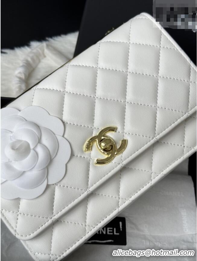 Original Cheap Chanel Lambskin Wallet On Chain WOC with Top Metal Band 6841V White 2026