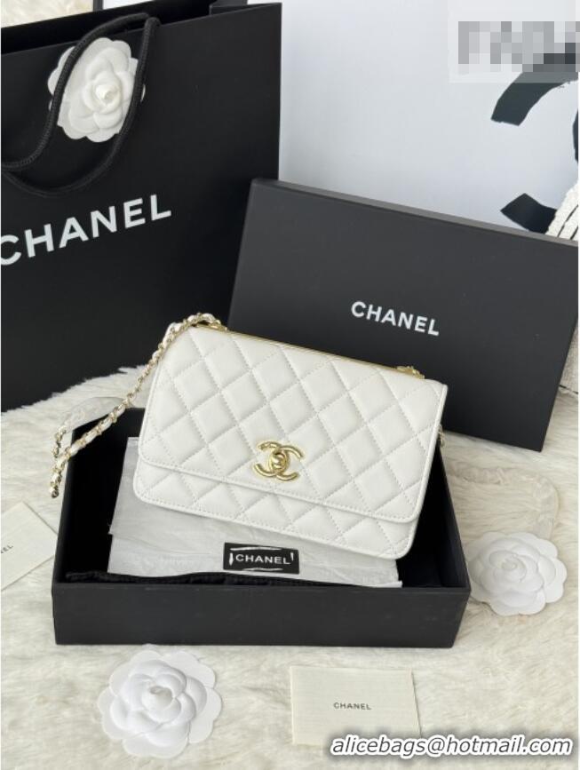 Original Cheap Chanel Lambskin Wallet On Chain WOC with Top Metal Band 6841V White 2026
