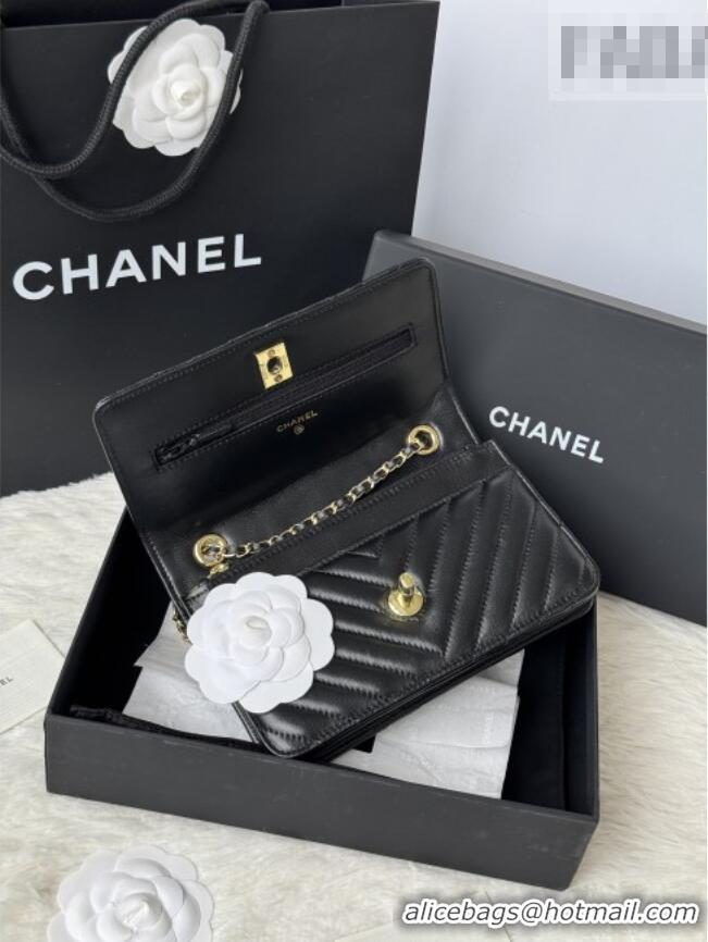 Inexpensive Chanel Lambskin Chevron Wallet On Chain WOC with Top Metal Band 6841V Black 2026