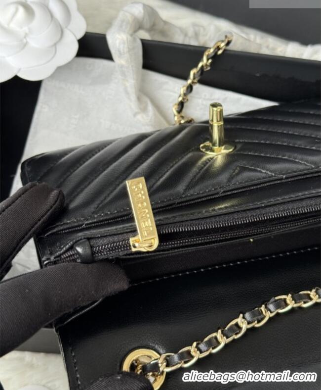 Inexpensive Chanel Lambskin Chevron Wallet On Chain WOC with Top Metal Band 6841V Black 2026
