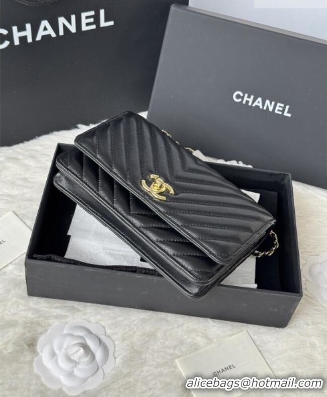 Inexpensive Chanel Lambskin Chevron Wallet On Chain WOC with Top Metal Band 6841V Black 2026