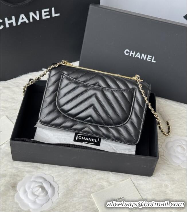 Inexpensive Chanel Lambskin Chevron Wallet On Chain WOC with Top Metal Band 6841V Black 2026