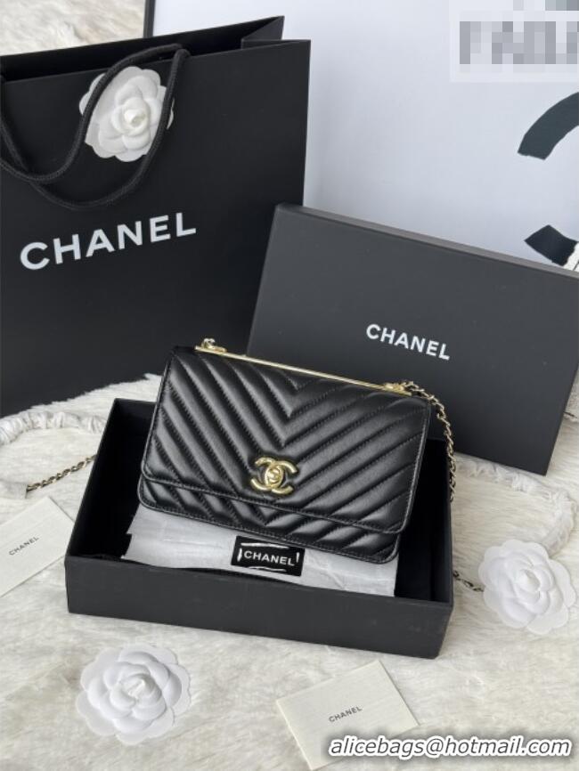 Inexpensive Chanel Lambskin Chevron Wallet On Chain WOC with Top Metal Band 6841V Black 2026