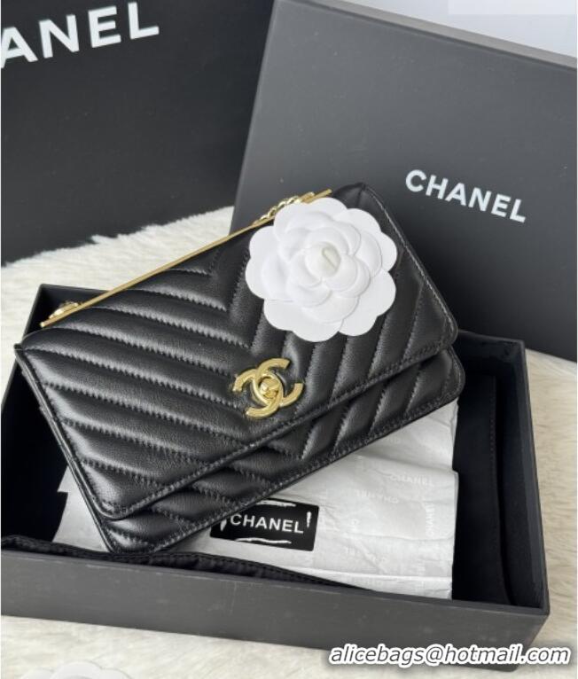 Inexpensive Chanel Lambskin Chevron Wallet On Chain WOC with Top Metal Band 6841V Black 2026