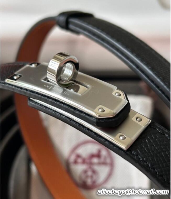 Good Taste Hermes Epsom Leather Belt 1.8cm H2412 Black/Silver