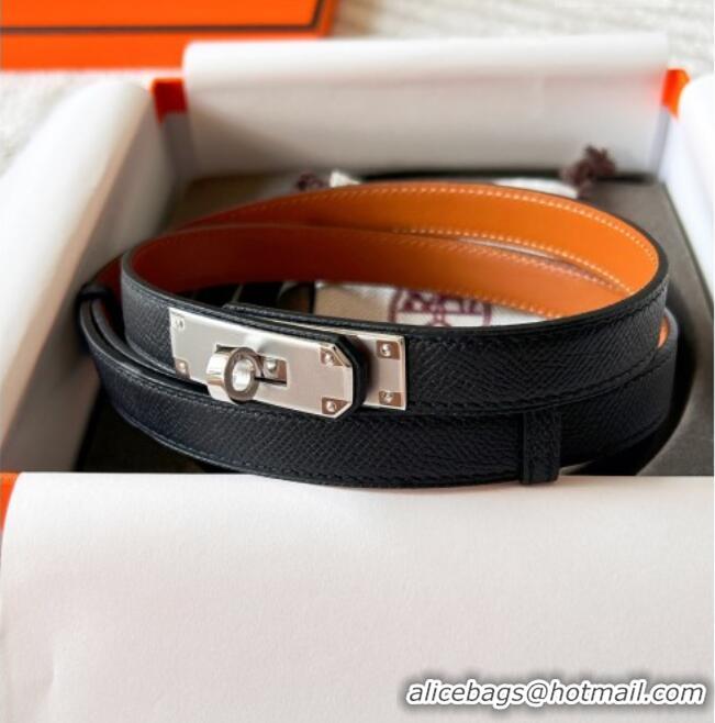 Good Taste Hermes Epsom Leather Belt 1.8cm H2412 Black/Silver