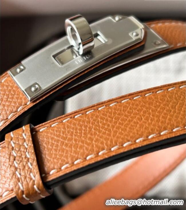Top Grade Hermes Epsom Leather Belt 1.8cm H2412 Brown/Silver