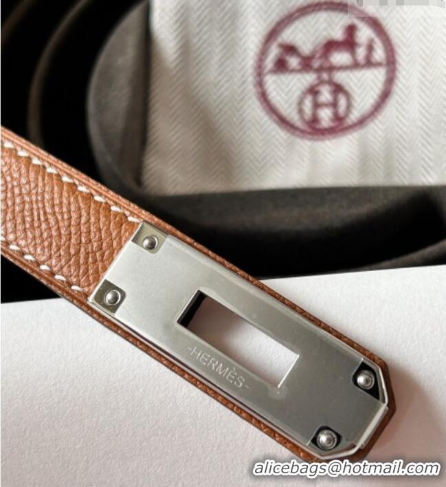Top Grade Hermes Epsom Leather Belt 1.8cm H2412 Brown/Silver