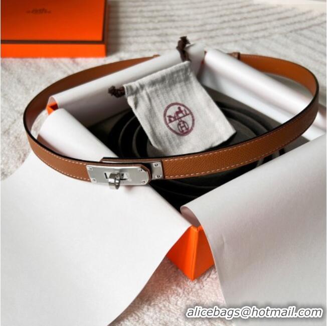 Top Grade Hermes Epsom Leather Belt 1.8cm H2412 Brown/Silver