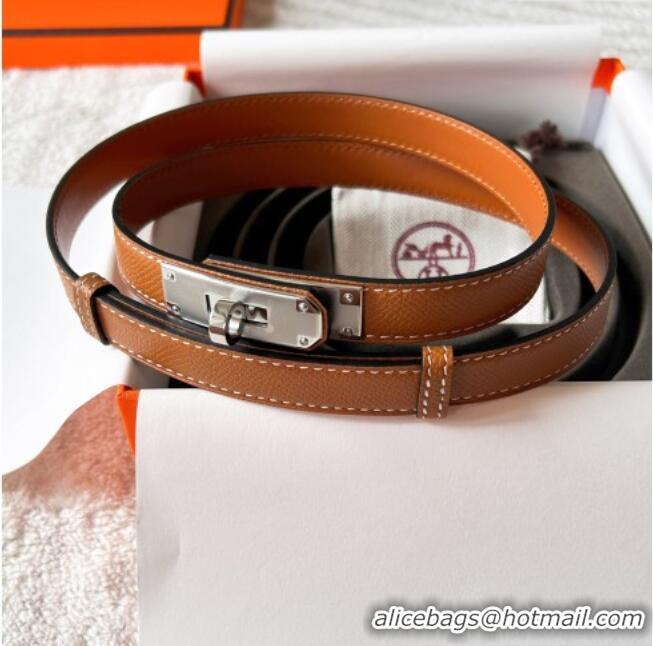 Top Grade Hermes Epsom Leather Belt 1.8cm H2412 Brown/Silver