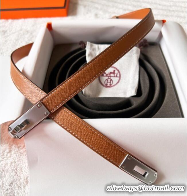 Top Grade Hermes Epsom Leather Belt 1.8cm H2412 Brown/Silver
