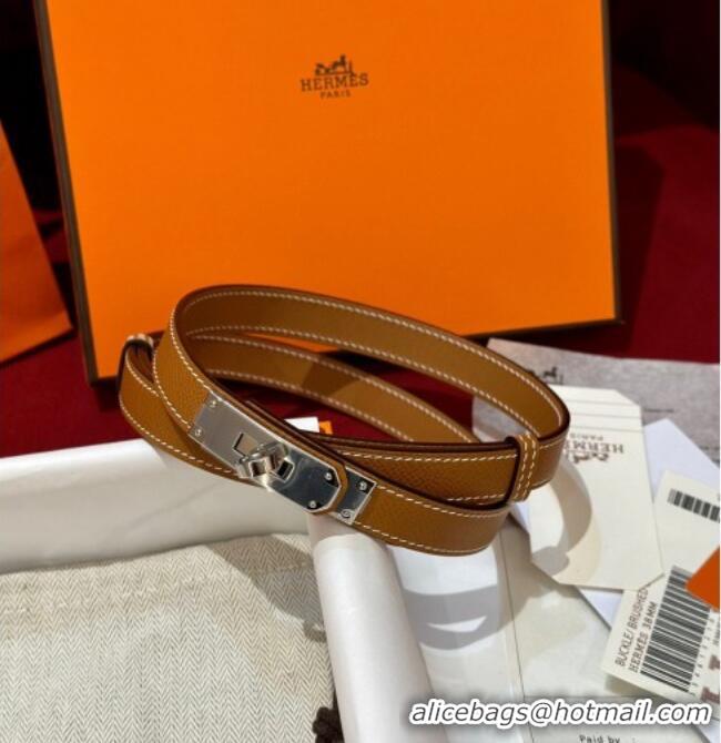 Luxury Discount Hermes Kelly Duo Belt 1.8cm in Epsom Calfskin H102202 Brown/Silver 2024