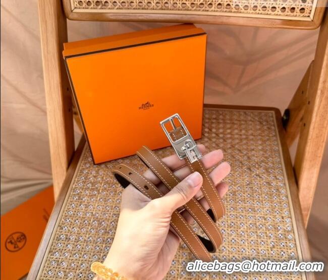 Discount Hermes Women's Lucky Locker Belt 1.5cm in Epsom Leather 9131 Brown/Silver 2025
