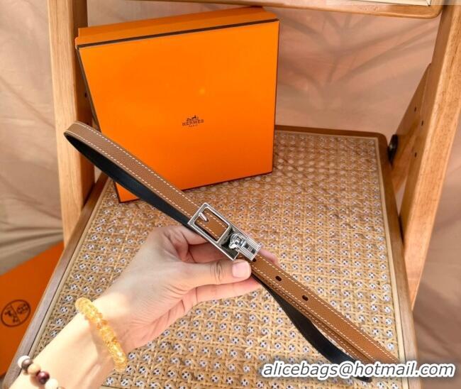 Discount Hermes Women's Lucky Locker Belt 1.5cm in Epsom Leather 9131 Brown/Silver 2025