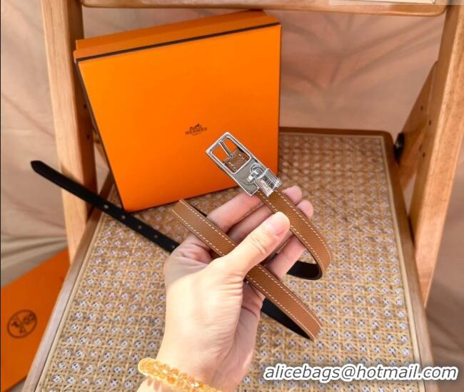 Discount Hermes Women's Lucky Locker Belt 1.5cm in Epsom Leather 9131 Brown/Silver 2025