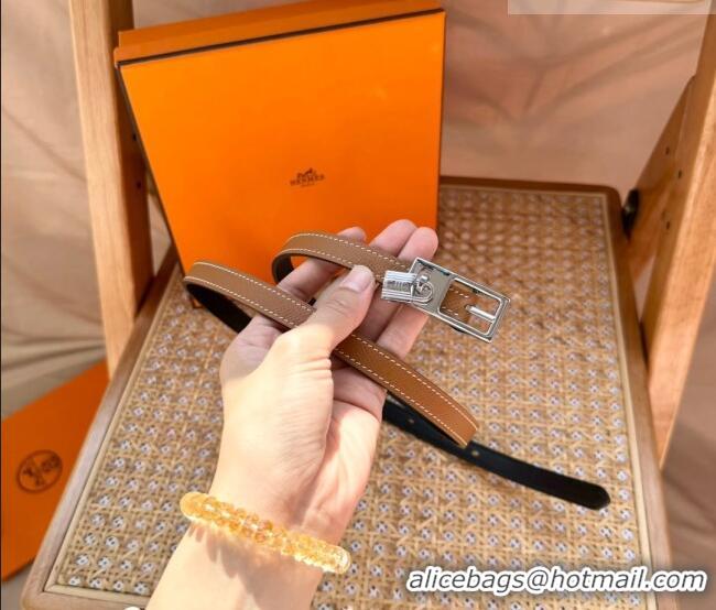 Discount Hermes Women's Lucky Locker Belt 1.5cm in Epsom Leather 9131 Brown/Silver 2025