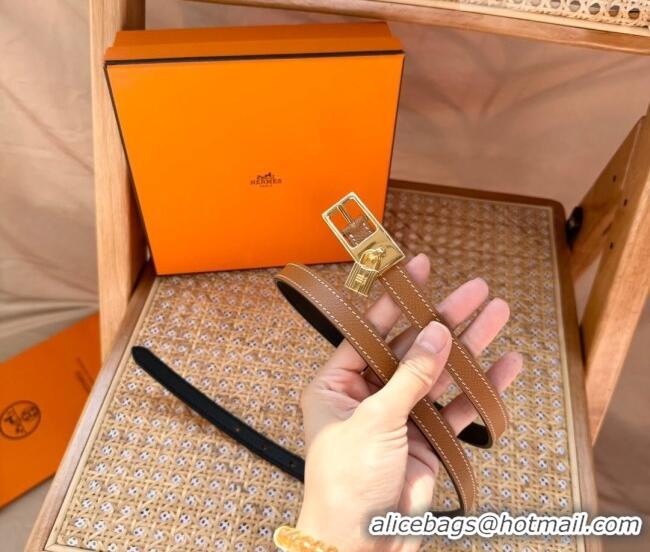 Luxury Cheap Hermes Women's Lucky Locker Belt 1.5cm in Epsom Leather 9131 Brown/Gold 2025