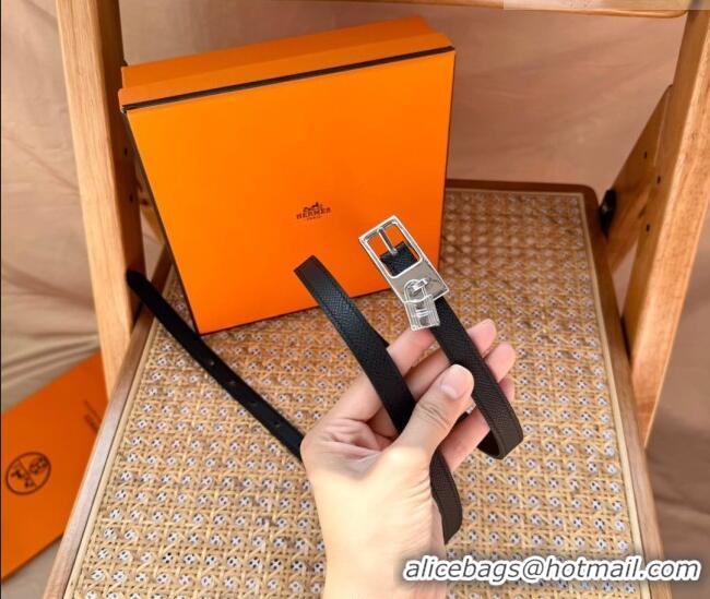 New Fashion Hermes Women's Lucky Locker Belt 1.5cm in Epsom Leather 9131 Black/Silver 2025
