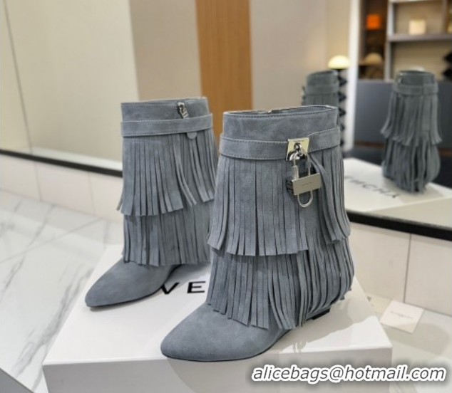 Good Product Givenchy Shark Lock Tassel Wedge Ankle Boots 8.5cm in Suede Dusty Blue 1210004 2026