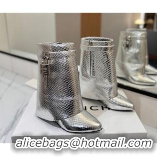 Charming Givenchy Shark Lock Wedge Ankle Boots 8.5cm in Snakeskin Embossed Leather 1210016 Silver 2026