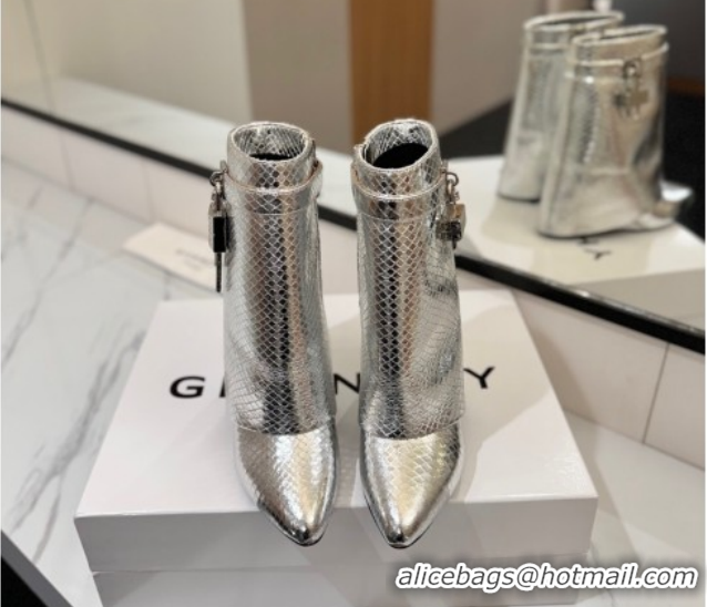 Charming Givenchy Shark Lock Wedge Ankle Boots 8.5cm in Snakeskin Embossed Leather 1210016 Silver 2026