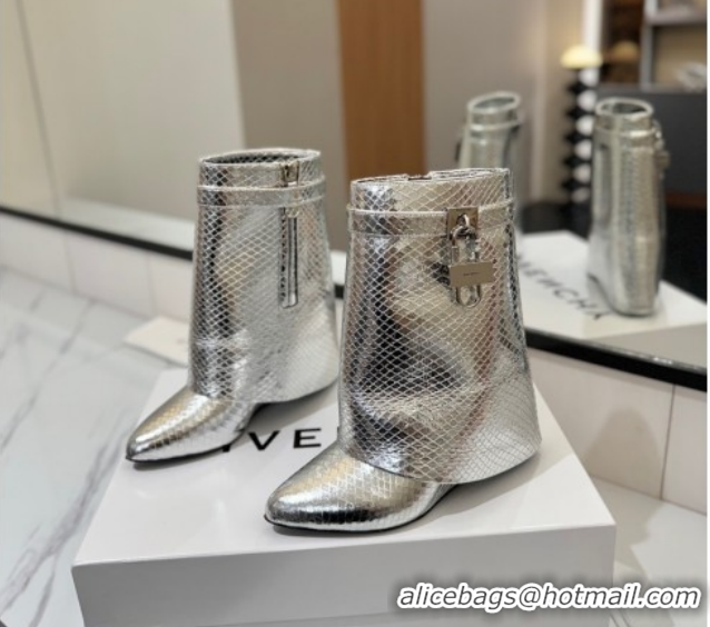 Charming Givenchy Shark Lock Wedge Ankle Boots 8.5cm in Snakeskin Embossed Leather 1210016 Silver 2026